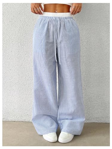 OYOANGLE Women's Stripe Print Drawstring High Waist Pants Casual Wide Leg Trousers with Pockets4