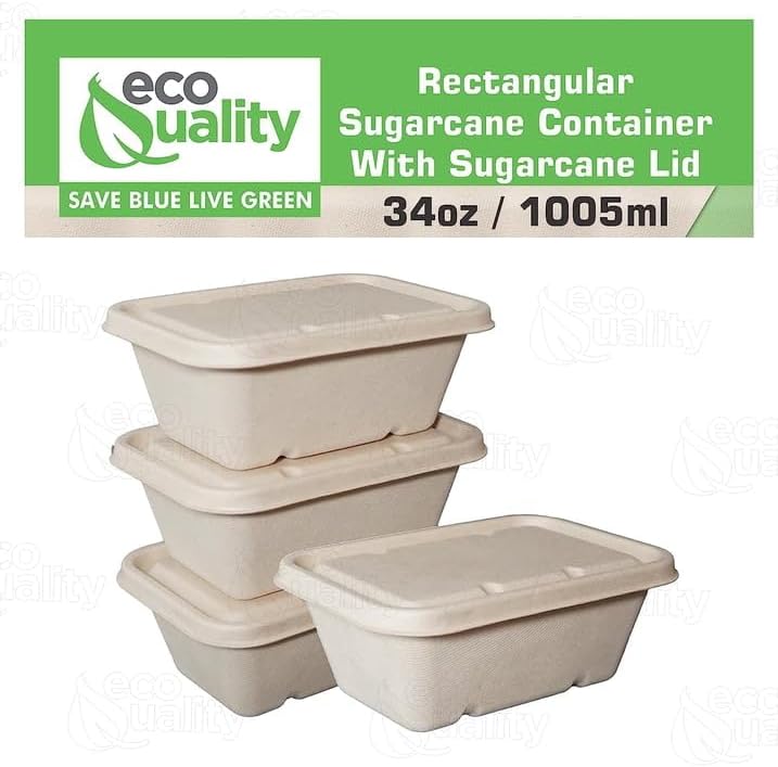 EcoQuality 34oz Disposable Bowls with Fiber Lids - Rectangular Compostable Sugarcane Fiber Biodegradable Paper Bowls Eco-Friendly Take Out Food Storage Containers, Microwave Safe, Meal Prep (50 PACK)