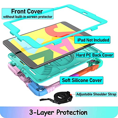 Ltrop Ipad 9Th/8Th/7Th Generation Case, Ipad 10.2 Case For Kids, With Shoulder Strap [Swivel Stand] [Pencil Holder] [Hand Strap], Protective Cover Case For Ipad 10.2 Inch 2021/2020/2019, Aqua Teal #TOP1