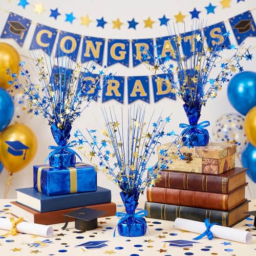 Image of Crowye 3 Pieces Metallic Foil Spray Centerpiece Birthday Table Decoration Star Burst Centerpieces Graduation Table Decor for Birthday 2026 Party Holiday(Blue Gold)