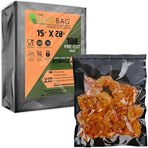 The Kind Bag Vacuum Seal Bags for Food; Food Grade, BPA Free & Freezer Safe; Airtight, Odor Free and Moisture Free; Commercial Grade 5mil Clear & Black; 15x20 inch Pre Cut Bags (100ct)