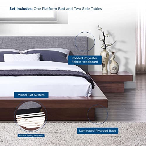 Modway Freja Fabric Upholstered Platform Queen Size Bed And Two Nightstands In Walnut Gray #TOP3