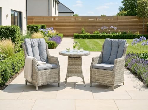 Image of Royalcraft Wentworth Round Bistro Set In Cream And 2 Highback Comfort Dining Armchairs With Grey Cushions