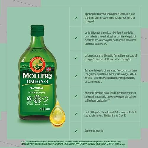 Moller’s ® | Olio di fegato di merluzzo Omega 3 | Integratori alimentari di omega-3 con EPA, DHA, vitamine A, D ed E | Superior Taste Award | Marchio esistente da 166 anni | Neutro | 500 ml - 4