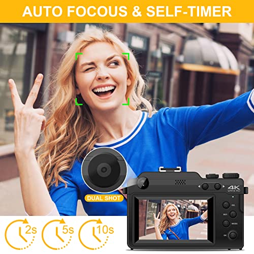 KANORLEEY デジタルカメラ4K 48MP ビデオブログカメラ YouTube用 64GB TFカード 揺れ防止 オートフォーカス 18倍デジタルズームカメラ 写真撮影用 WiFi、3インチIPSスクリーン、バッテリー2個(ブラック)