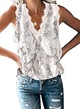 HARHAY Women's V Neck Lace Trim Casual Tank Tops Sleeveless Blouses Shirts White Snake Print XL