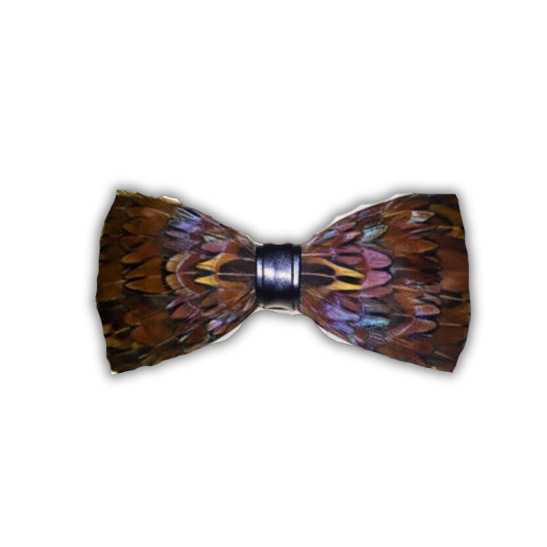 Finer Brown Feather Bow Tie & Lapel Pin Set - Rustic Elegance