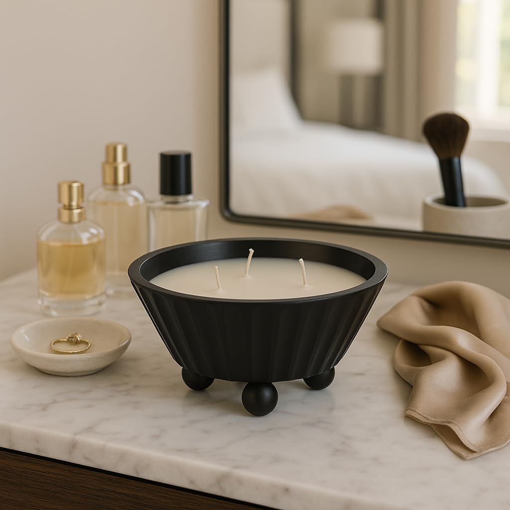 Decorative Footed Bowl Scented Candle for Men and Women - Casual Small Wood Candle for Indoor and Outdoor Spaces - Stylish Home Decor for Living Room, Bedroom, or Bathroom - 4.5", Black