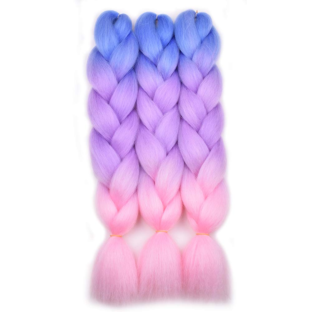 BACANA Ombre Braiding Hair Kanekalon Braiding Hair Extensions Pink 3Pcs Jumbo Braiding Hair for Box Braids 24inch Blue/Purple/Pink