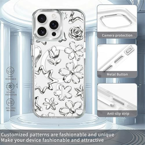 Coque iPhone 14 Pro MagSafe transparente rigide motif fleurs chrome