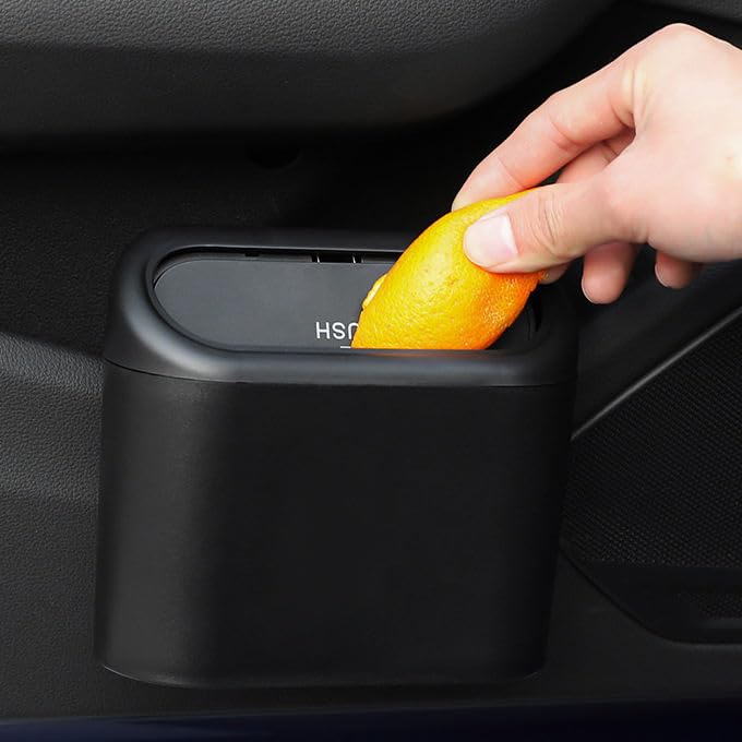 Mini Car Trash Can with Push Lid, Compact Vehicle Garbage Bin, Armrest Mount Seat Car Trash Bag Storage Box Organizers Waste Bin Trash Containers Black