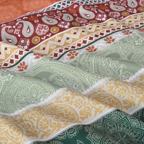 Image of Cottolester Boho Comforter Set Full Size,8 Pieces Sage Green and Orange Bohemian Striped Bed in a Bag,Paisley Soft Microfiber Bedding Comforter Set