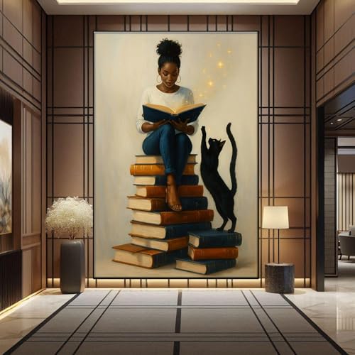 Impression sur toile femme lisant et chat noir, célébration de la sérénité