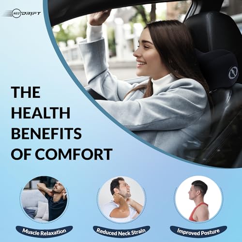 Image of Neodrift 'NeckFlow Pro' Ergonomic Car Neck Pillow Full Curved Concave Design and Adjustable Strap for Ultimate Comfort and Neck Relief - Super Comfy and Supportive Car Headrest Cushion (Color- Black)
