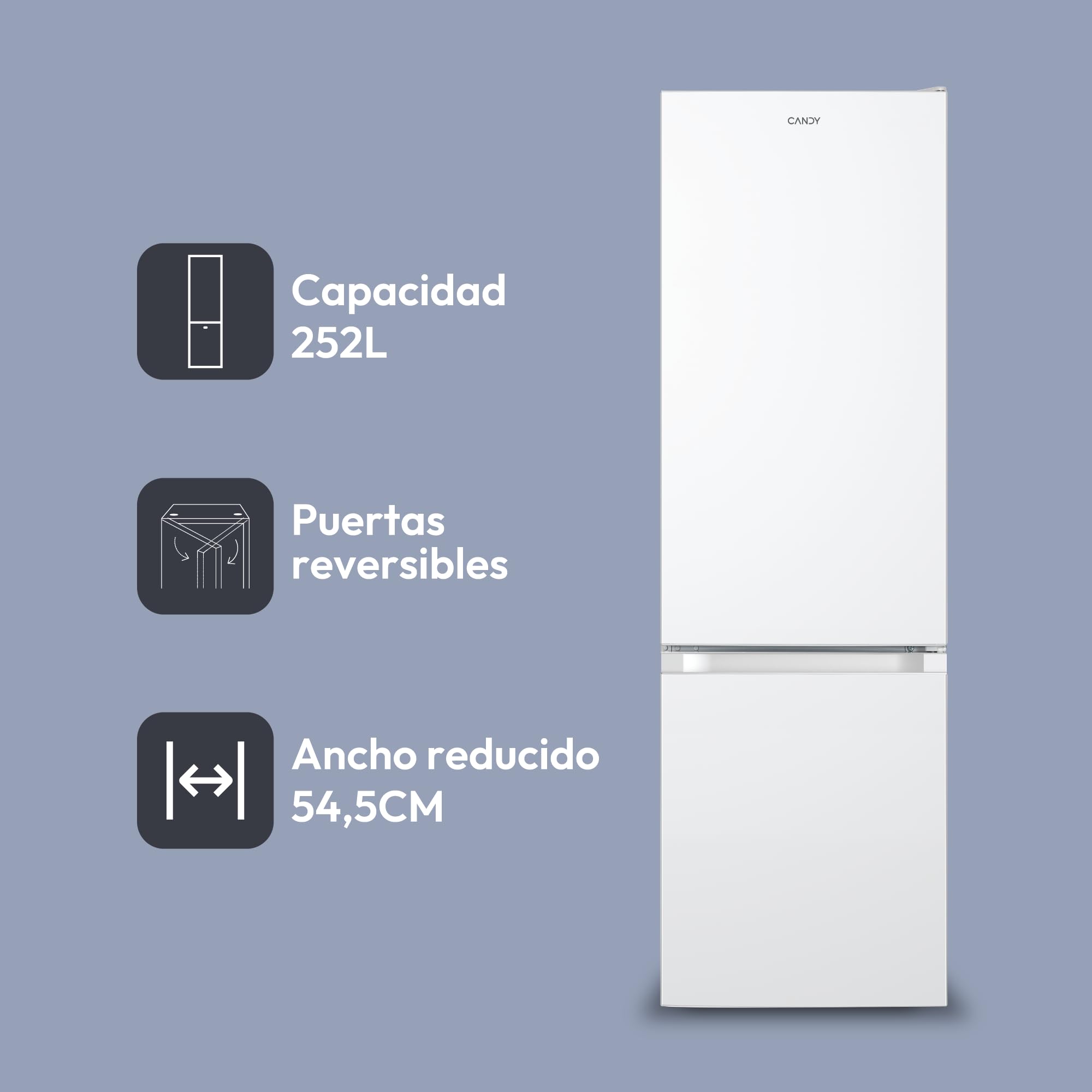 CANDY CCG1S 518EW - Frigorífico Combi, Ancho 55cm, Altura 1,80m, 252L, Cajón Verdulero, Control Mecánico de la temperatura, Iluminación LED, Puerta Reversible, 41DB, Blanco