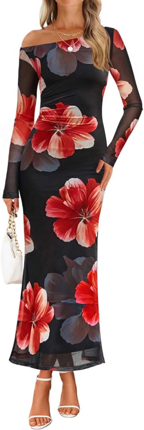 ZESICA Women's Long Sleeve Floral Maxi Dress 2026 Fall Off Shoulder Bodycon Ruched Mesh Cocktail Wedding Guest Dresses