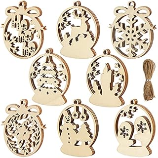 FINGOOO 24 pieces Christmas Wooden Slices Gift Tag DIY Hanging Craft Ornaments with 11 metres Hemp String for Christmas Decorations