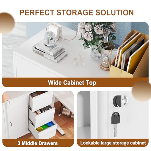 3 Drawer File Cabinet with Lock and Wheels,Metal Mobile Lateral Printer Stand with Adjustable Shelf ,Office Rolling Filing Organization and Storage Cabinet for Home Office, Living Dining Room,White - Image 4