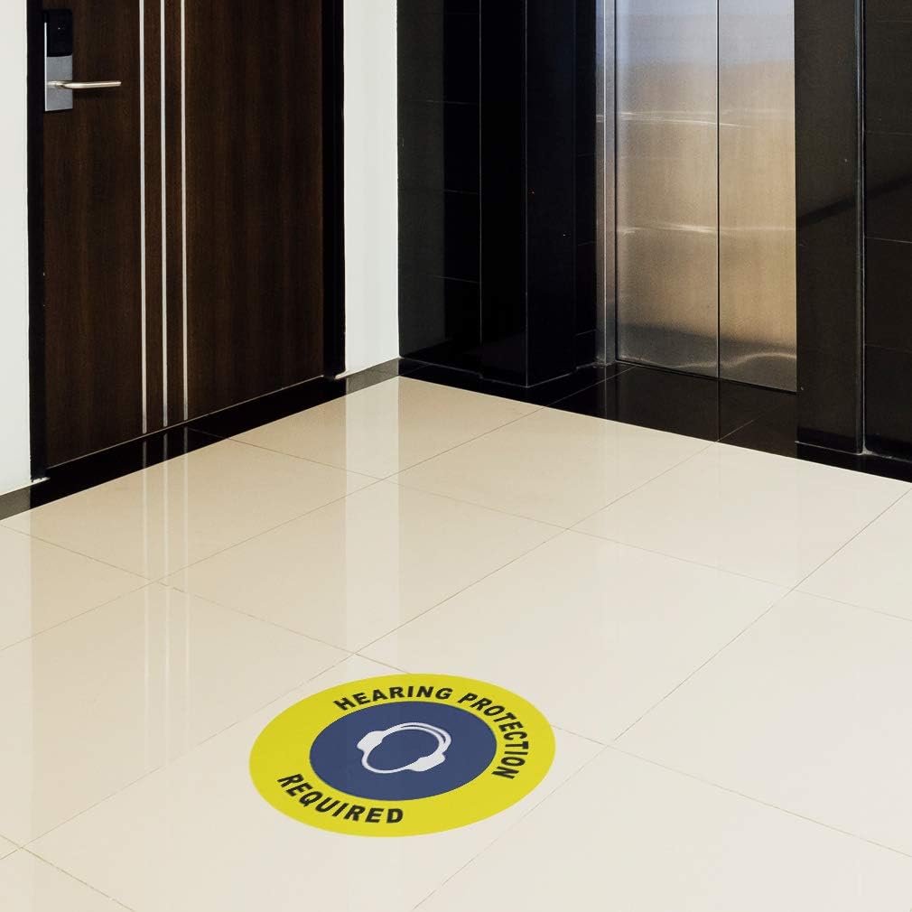 Hearing Protection Required Floor Decals Yellow Blue Anti-Slip Round Shape A Industrial & Craft Signs Stickers 17Inches Longer Side