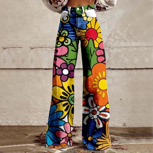 Flare Wide Leg Jeans for Women 2025 Floral Print Baggy Pant Vintage High Waisted Straight Stretch Pants with Pockets2