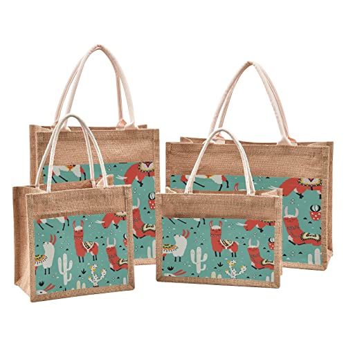 Mnsruu Llamas Cactus Pot Green Plant Jute Tote Bags Women Grocery Shopping Bags with Handles for Outdoor Travel 14.2 x 12.6 x 7.1 inches