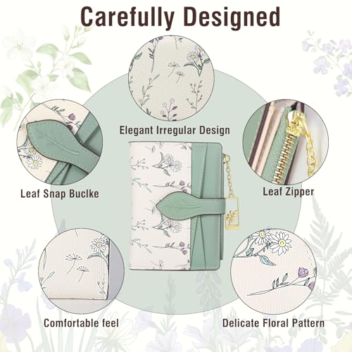 Wallets for Women- RFID Blocking- Soft PU Leather Bifold Coin Zipper Pocket Purse-Small flower wallet Credit Card Holder with ID Window (Green)3