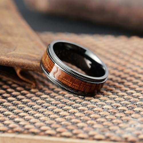 King Will Titanium Wedding Band for Men 7-8mm Black/Silver/Gold Titanium Men Ring with Koa/Maple Wood Inlay, Wooden Wedding Ring for Men Women Comfort Fit Size 6-143