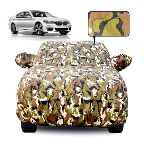 Image of Waterproof Car Body Cover for BMW 7 Series (2023-2024) with Mirror Pocket, Soft Cotton Lining, Triple Stitched, Full Bottom Elastic (Heat Resistant Jungle Print with Red Piping)