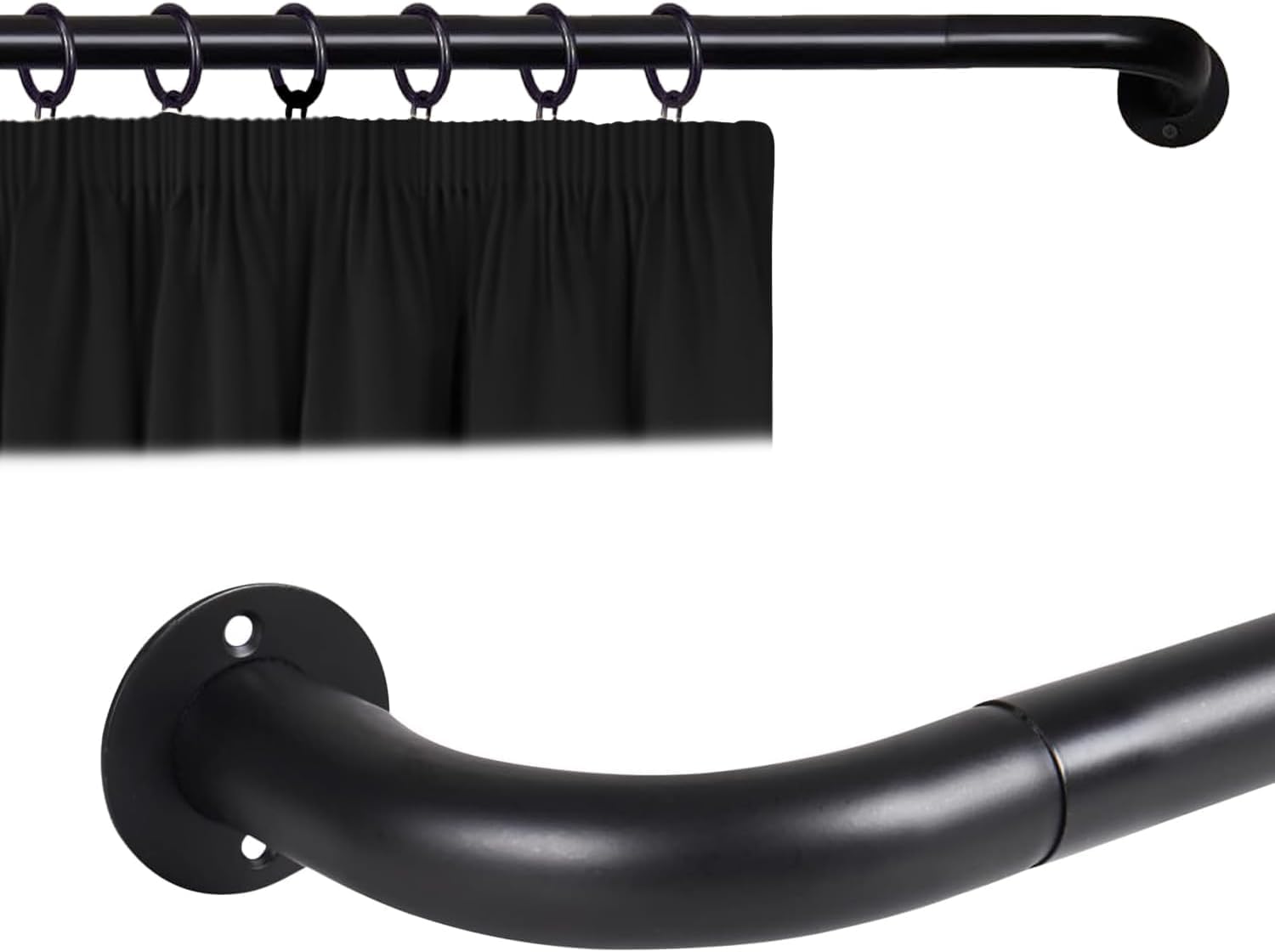 Ir Imperial Rooms Blackout Matte Black Imperial Rooms Curtain Pole Metal Extendable Room Darkening Blackout Curtain Rod With Curved Pole - Adjustable Curtain Poles For Eyelet Curtains (Matte Black, 120-210Cm, 48 To 83 Inches)