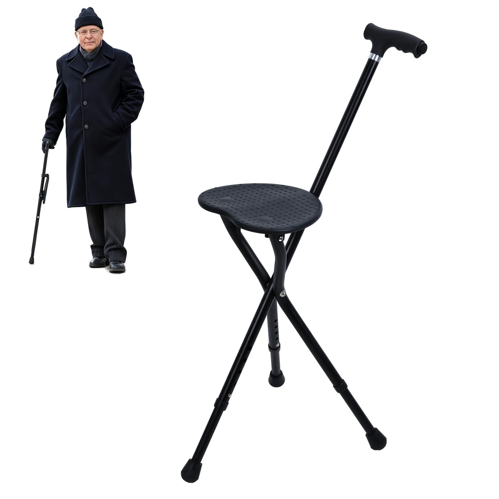 Bastón con asiento para personas mayores y con luz LED, con asiento de hasta 200 kg, altura ajustable, ligero y plegable, para uso diario, viajes, esperas, hombres y mujeres
