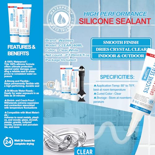 Image of 8Oz Clear Waterproof Caulk & Seal Silicone Sealant, Wadities Tile Grout Repair Kit with Grout Remove Scraper, Shrink & Crack Proof for Bathroom, Shower, Kitchen, Floor (4Oz, Pack of 2)