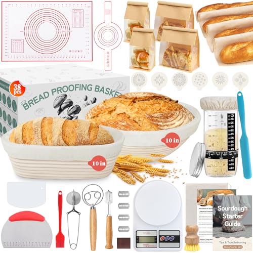 Aliggbent 38Pcs Sourdough Bread Baking Supplies, 10'' Round & Oval Banneton Bread Proofing Baskets with 24 oz Sourdough Starter Jar Kit, Digital Scale, Bags & Bread Making Tools Kit for Artisan Baking
