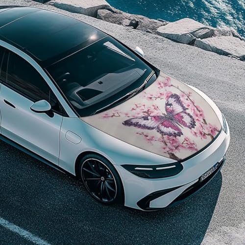 Image of Pink Flower Butterfly Car Hood Cover, Stretch Polyester Car Hood Protector Snowproof Automotive Accessories for Most Vehicle Sedans SUVs Trucks Vans