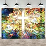 ASDCXZ 4,5 x 3 m Jesus Kreuz Hintergrund Kruzifix Kirche Event Fotografie Hintergrund Buntglas Heilige Bibel Lord Pray Sanctuary Religiöse Taufe Banner Dekorationen Ostern Portraits Foto Booth Prop