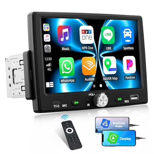 CAMECHO Single Din Car Stereo with Apple CarPlay Android Auto, 7 inch HD Touchscreen 1 Din Car Radio with Bluetooth 5.0, Mirror Link, FM, EQ, Type-C/USB Input, Remote Control