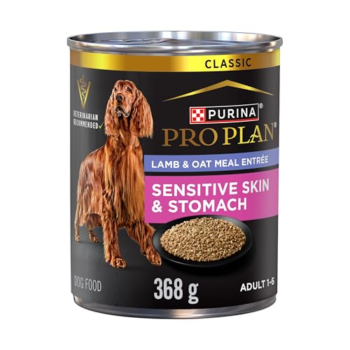 Purina Pro Plan Sensitive Skin & Stomach Wet Dog Food, Classic Lamb & Oat Meal Entree – 368 g Can (12 Pack)