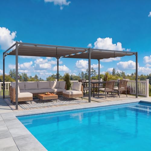 LAUSAINT HOME 10 x 20 Outdoor Retractable Pergola Heavy-Duty Aluminum Pergola with Sun Shade Canopy for Garden Backyard Deck Porch Grey