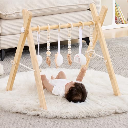 Image of Foldable Wooden Baby Play Gym, Activity Center with 6 Sensory Hanging Toys Natural Wood Montessori Toys for Babies Indoor Gym, No-Tool Assembly Newborn for Infant Motor Development