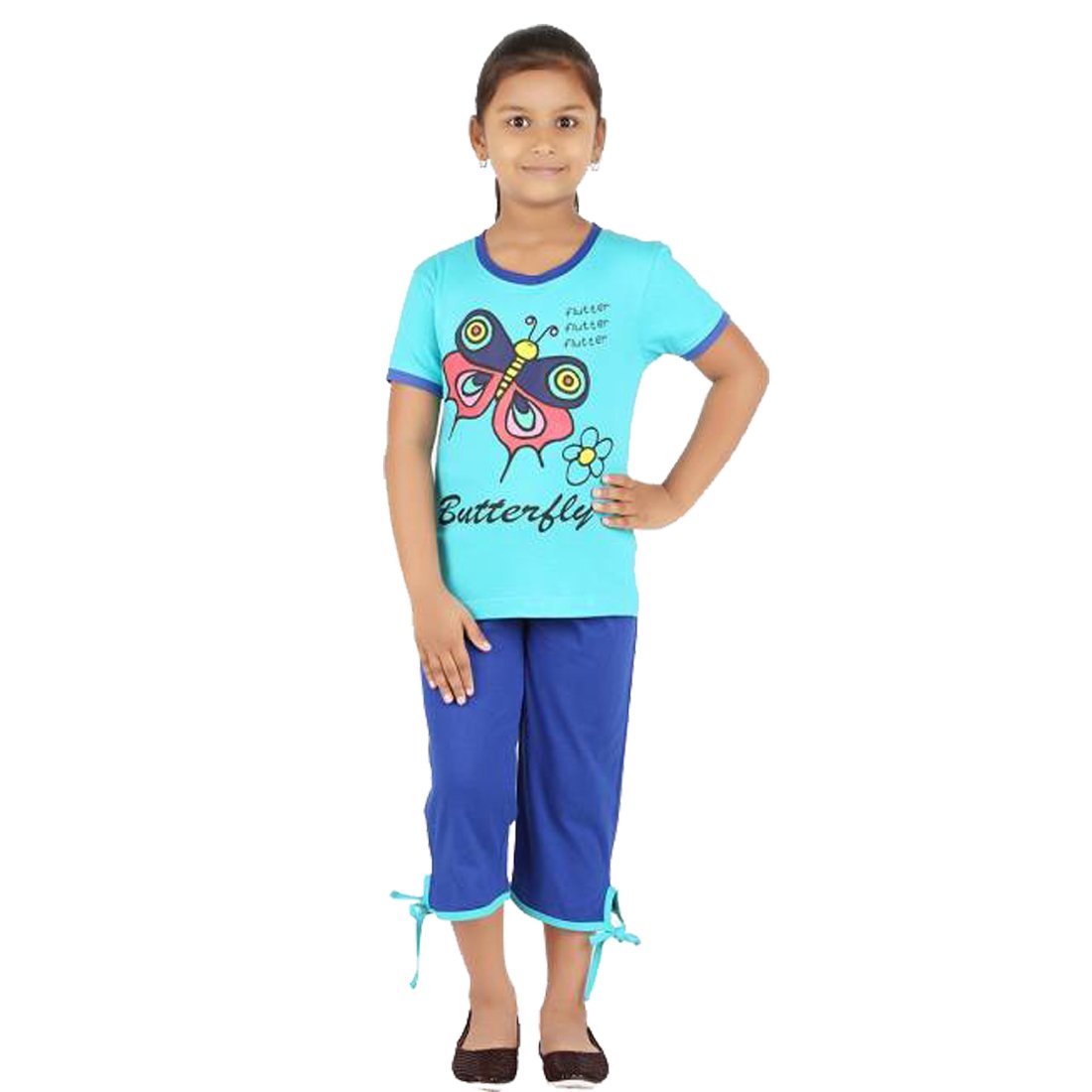 FICTIF Kid Girl's Top & Capri Set (2FG303ILRB Black&Pink,Light Blue&Dark Blue Capri Set) Pack of 3 (5-6 Years) 2