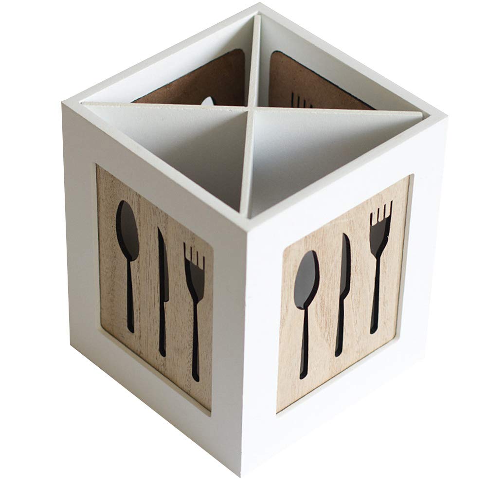 Amusingtao Tableware Holder Organizer Spoon Wooden Box Modern Handmade Multifunctional Drain Moistureproof Tabletop Separated Fork Chopstick Kitchen Storage Cutlery