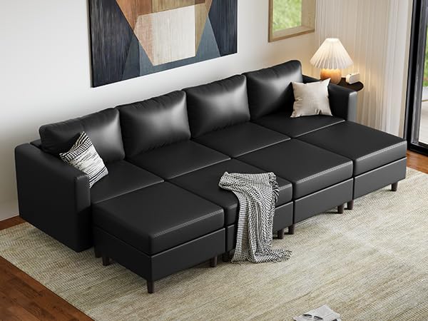 Image of ABCASA 118.5 inch Faux Leather Luxury Modular Sleeper Sofa Bed with Storage Seat, 8 Seat Sectional Couch Deep Seat with Reversible Chaises & Removable Cover - Black