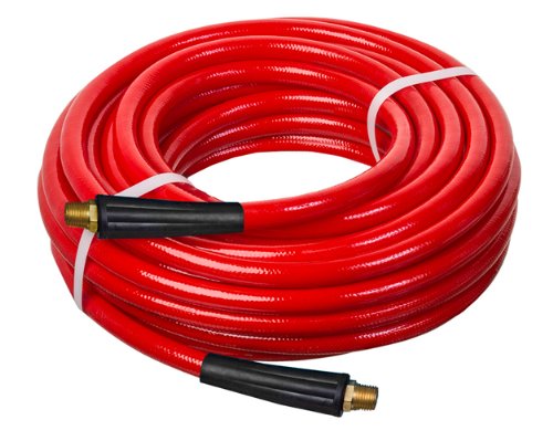Kuriyama Kuri Tec HS5094 Series Polyurethane Pneumatic Air Tool Hose Assembly with Rubber Bend Restrictors, 250 psi, 50' Length x 3/8" ID, Red