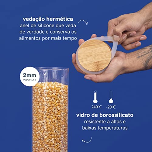 Oikos - Pote de Vidro 2L com Tampa de Bambu Hermético Redondo Flat