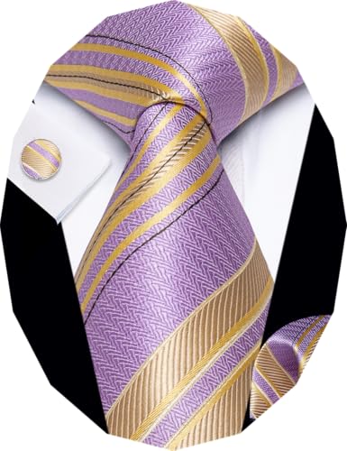 Image of YourTies Striped Ties for Men Classic Woven Silk Necktie with Handkerchief Cufflinks Set Formal Business Party Wedding