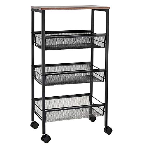 NEX Rustic Kitchen Cart on Wheels, 3-Tier Wire Storage Cart, MDF Wood Top