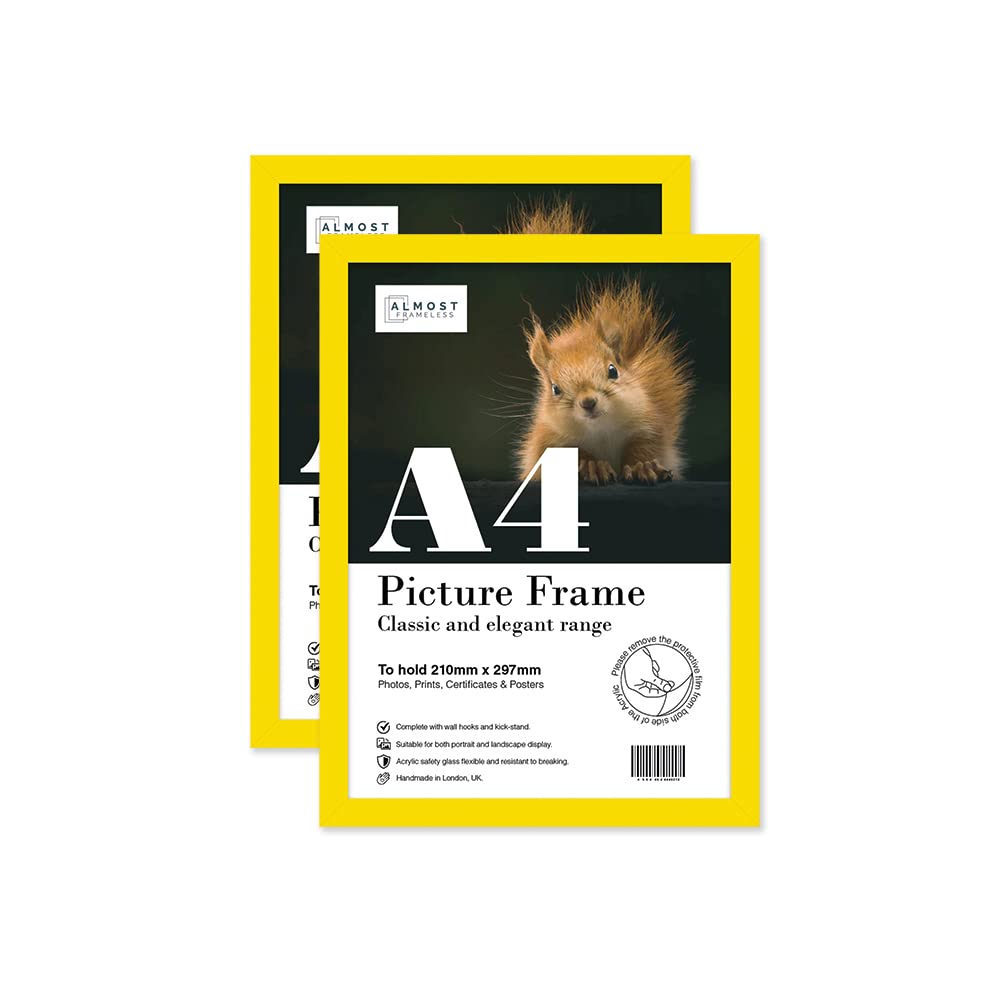 Almost Frameless A4 Yellow Picture Frame Set of 2, Display A4 Picture Gallery Wall, Poster, Photo, Artwork, or Print, Yellow