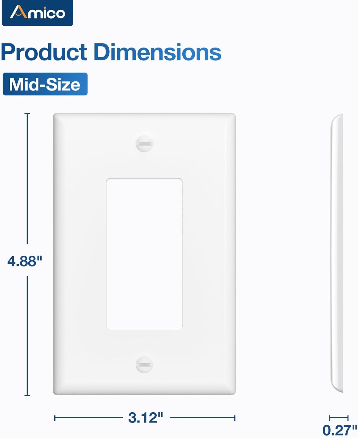 Amico Decorative Light Switch Cover Plate and Outlet Covers, Mid-Size (4.88” X 3.12”), Unbreakable Polycarbonate, Includes Screws, UL Listed,1 Gang, White, 30 Pack