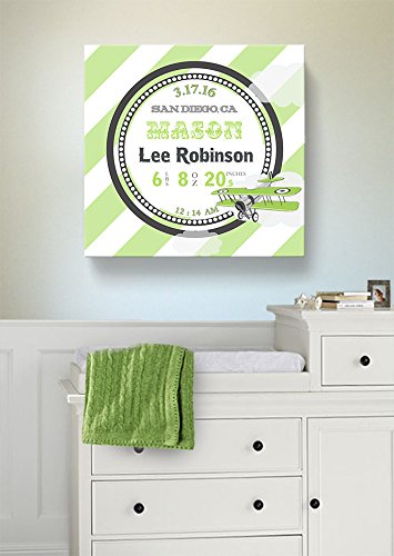 Personalized Stretched Canvas Birth Announcement Gift, Custom Baby Name, Date, Weight Stats, Newborn Airplane Nursery Wall Art Decor, Wooden Frame Construction, Ready to Hang 24X24