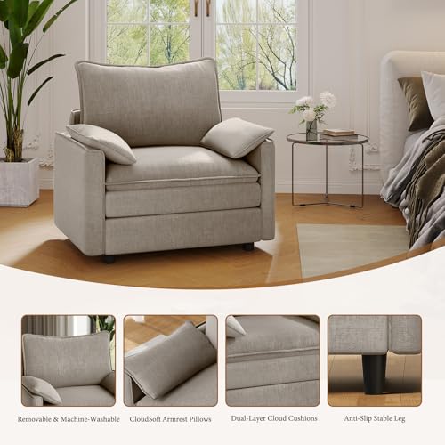 Image of Vesgantti 40 inch Single Seat Sofa, Comfy Cloud Couch Deep Seat Upholstered Couch Chenille Modern Sofa with Armrest Pillow, Easy Assembly for Living Room, Bedroom and Apartment, Light Brown