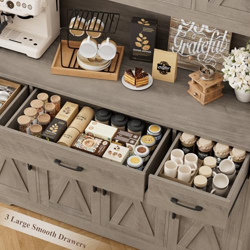 Image of HOSTACK 71 inch Tall Pantry Cabinet with Charging Station, 55 inch Wide Kitchen Pantry Storage Cabinet with Countertop, Large Kitchen Hutch with Storage Drawers and Microwave Stand for Dining Room, Ash Grey